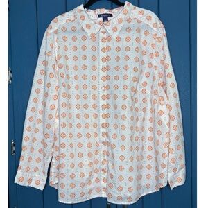 Roamans White Orange Medallion Button Down Shirt Size 28 W Boho Cottage Core